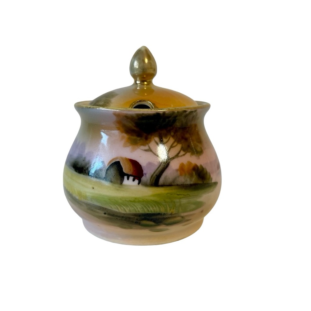 Antique Hand-Painted Nippon Mustard Pot with Lid – Sunset Landscape Scene